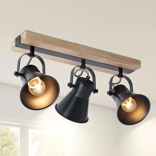 3-Lights Track Lighting Fixtures Ceiling，Farmhouse Wood Flush Mount Ceiling Light, Multi-Directional Kitchen Sink Light, Rustic Track Lighting for Kitchen Living Room, Dining Table, Foyer