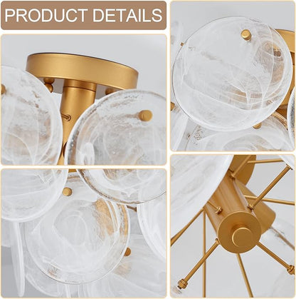 Modern Flush Mount Glass Ceiling Light, Gold Hallway Lights Vintage Chandelier, 4-Light Unique Light Fixture for Bedroom Entryway Loft Kitchen Laundry Bathroom Farmhouse