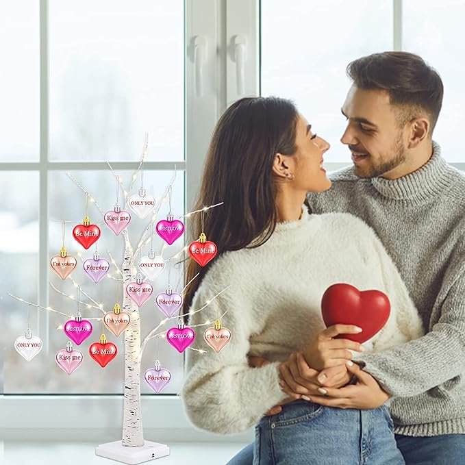 Fovths Valentine's Day Tree Decoration with LED Lights 21.7 Inch Tabletop Birch Tree with Timer Battery USB Powered with Valentine's Day Heart Ornaments for Home Valentine Wedding Decor