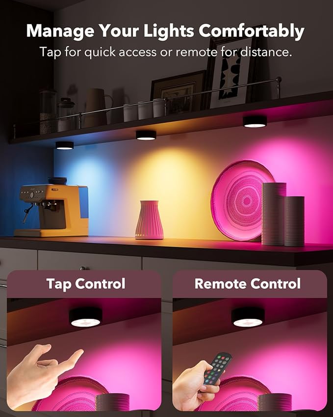 Radar Motion Sensor Puck Lights with Remote, 2400mAh RGB Rechargeable Wireless Under Cabinet Lighting for Kitchen, Magnet Stick on LED Closet Lights, Cordless Push Light for Counter, Stairs
