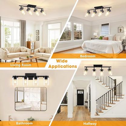 FadimiKoo 4-Lights Track Lighting Fixtures Ceiling with Clear Glass Shades, Modern Black Semi Flush Mount Ceiling Light, Rotatable Wall Mount Ceiling Lamp for Kitchen Hallway Bedroom