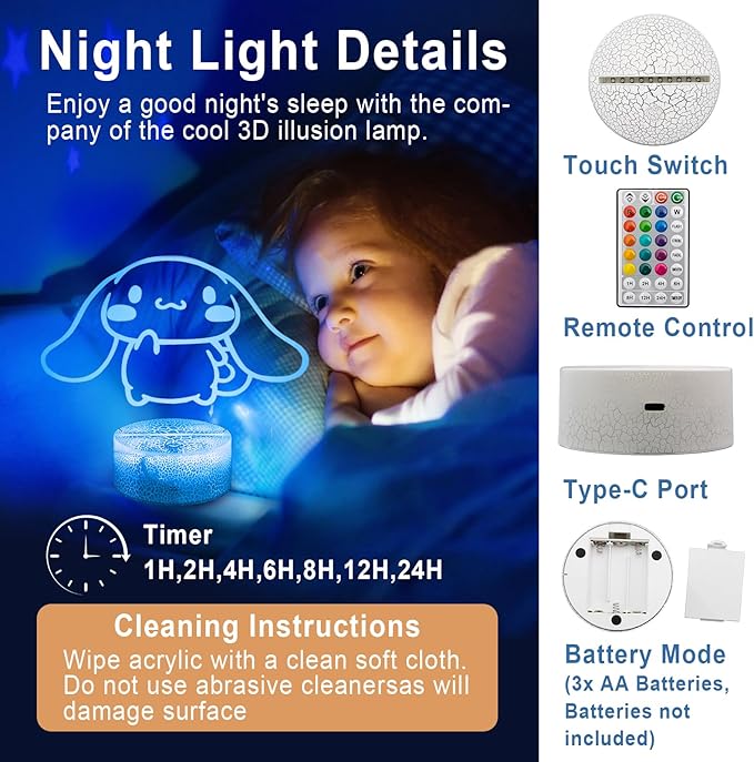 KIEAL 16 Colors Cartoon Night Light, Anime Character Change Decor Lamp with Remote, Dim, Timer, Fans Kids Gifts for Christmas Birthday Boys Girls