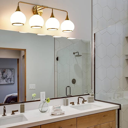 Brass Gold Bathroom Light Fixtures 4-ights Vanity Lights with Milky White Frosted Glass Shade Bathroom Vanity Light 30.7 inch Wall Sconce Lighting Bath(Exclude E26 Bulb)