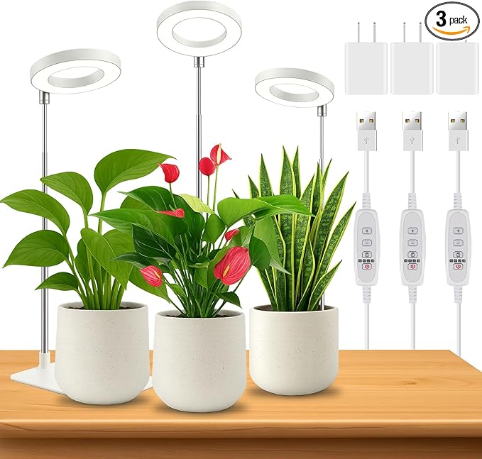 2 Pack Grow Light with Base, 6000K White Full Spectrum Growing Light Lamp for Indoor Small Mini Micro Green Pot Plants, 5-Level Dimmable, Auto Timer 4/8/12/18 Hrs