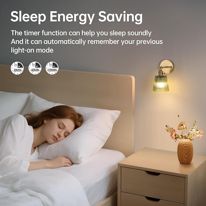 Shenmoyl Vintage Battery Operated Wall Sconce with Green Stripe Glass Lampshade Rechargeable Battery Powered Wall Light with Remote Control for Bedside Bedroom Doorway