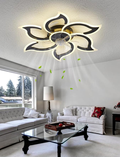 Flower Ceiling Fans with Lights and Remote, 34.5 Inch Modern Low Profile Flush Mount Ceiling Fan, Dimmable LED Ceiling Light Fixture, Small Ceiling Fans for Bedroom, Kitchen, Indoor-Black
