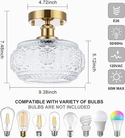 Semi Flush Mount Ceiling Light Fixture - Brass & Floral Glass Shade, Vintage Modern Lighting for Entryway, Bathroom, Kitchen, Bedroom (Bulb Not Included)