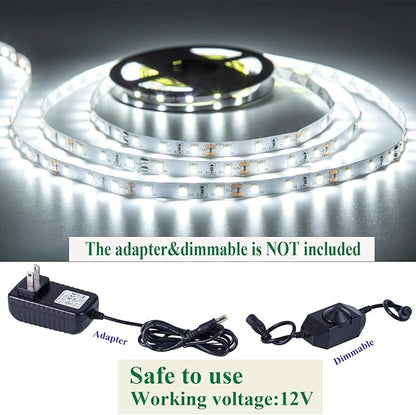 Daylight White LED Strip Lights, 12V16.4ft 300LEDS Flexible Tape Light for Hallway, Staircase, Bookshelf, Under Cabinet, Non Waterproof, Not Include Power Adapter