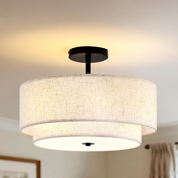 CALOKES 16" Double Drum 3-Light Semi Flush Mount Ceiling Light, Classic Fabric Linen Shade Design for Living Room, Bedroom, Kitchen, Dining Room, Hallway and Entryway