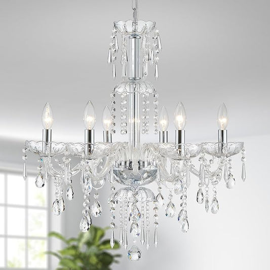 WUZUPS 6-Light Crystal Candle Chandelier Pendant Ceiling Light Modern Lighting Fixture for Bedroom Hallway Bar Kitchen Bathroom, H 25.6" W 24.4", E12 Base, Chrome