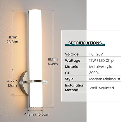 AIJIASI Brushed Nickel Bathroom Sconces Wall Lighting 18W LED Dimmable Vanity Light Fixture, 3000K Modern Wall Light Fixtures Indoor Wall Lamps for Bedroom Living Room Mirror Hallway Porch 18 inch