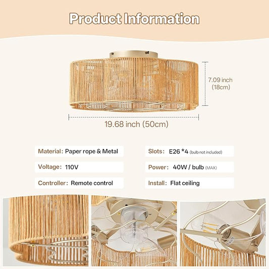 Caged Ceiling Fan with Lights, Flush Mount 20" Boho Ceiling Fans with Lights Remote Control, Low Profile Bladeless Rattan with 6 Speeds for Bedroom, Nursery, Kitchen