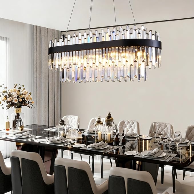 Black Crystal Chandelier for Dining Room, 35.4" Modern Luxury 2-Tier K9 Crystal Oval Chandelier, 10-Light E12 Base Pendant Light Fixture, Height Adjustable for Kitchen Island Living Room