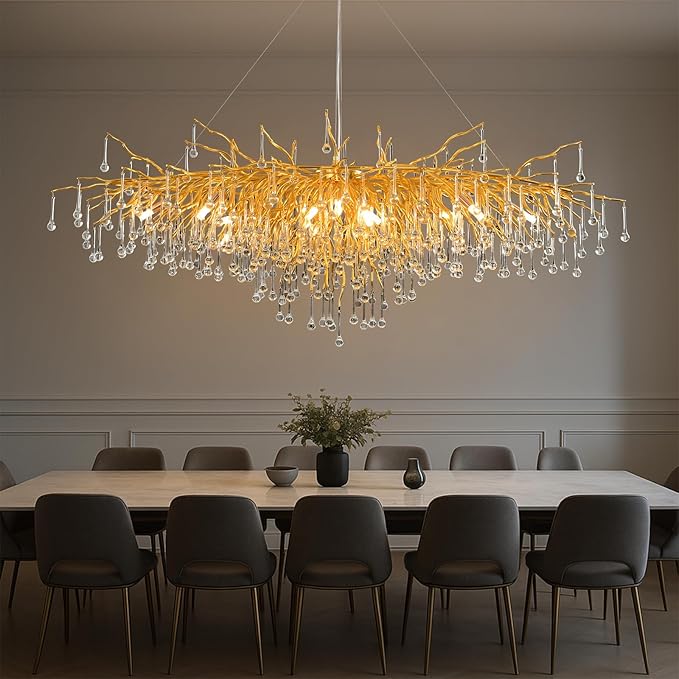 70.87 Inch Modern Crystal Chandeliers, Large Gold Branch Raindrop Chandelier, Rectangle Chandelier Lighting Fixture 19-Light for Foyer Entryway High Ceiling Dining Room, Living Room