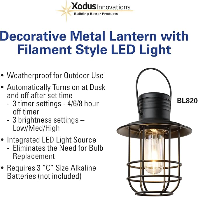 Xodus Innovations BL820 Battery-Operated LED Filament Style Lantern Outdoors Either Hanging or Standing, with Your Choice of 4, 6 or 8 Hour Automatic Timer