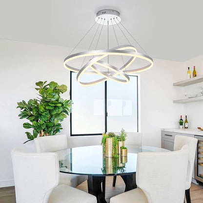 3-Rings D31.5’’ Modern LED Chandelier Silver, Dimmable Pendant Lighting with Remote Control Circular Flush Mount High Ceiling Light for Living Dining Room Bedroom Foyer, 3000K-6500K