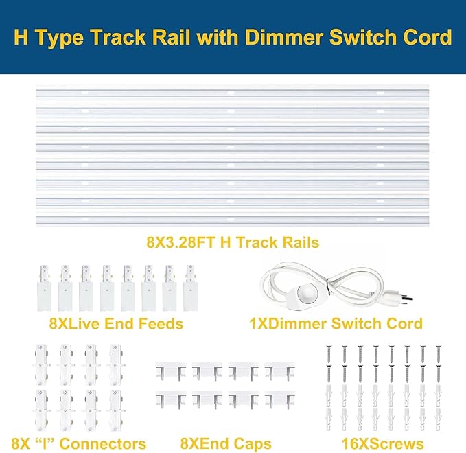 8PCS White H Type Track Lighting Rails Kit, 120V Single Circuit 3-Wire H Track Rail 26FT with Extra 8 I Connectors and Wall Anchors, Made of Aluminum and Strength Guarantee