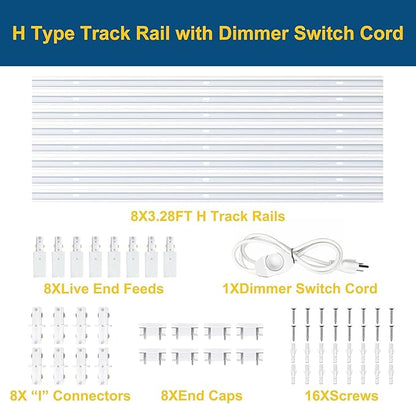 8PCS White H Type Track Lighting Rails Kit, 120V Single Circuit 3-Wire H Track Rail 26FT with Extra 8 I Connectors and Wall Anchors, Made of Aluminum and Strength Guarantee