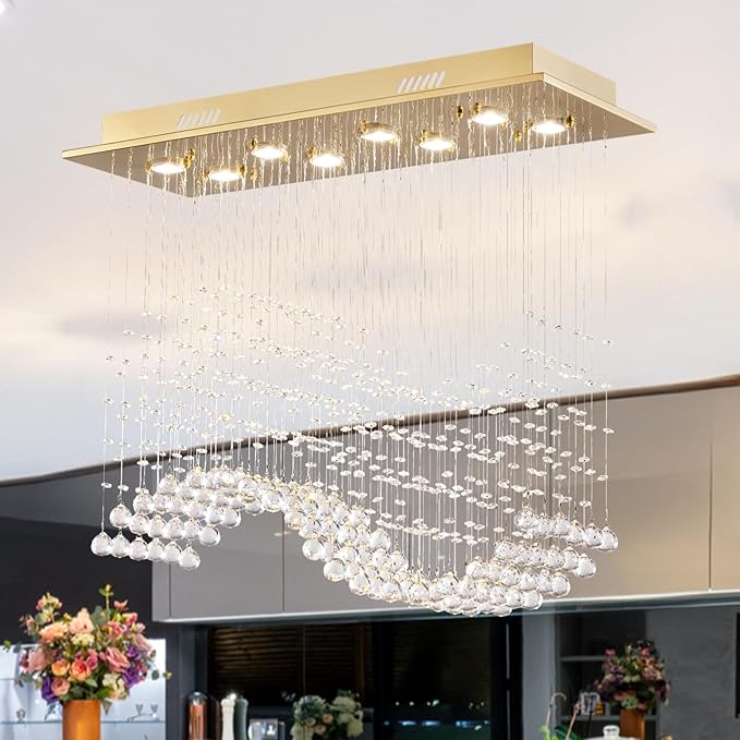 Siljoy Rectangular Gold Crystal Chandelier for Dining Room, 8-Light Modern Wave Raindrop Crystal Chandelier for Living Room Kitchen Island L31.5'' x W11.8'' x H32.2''