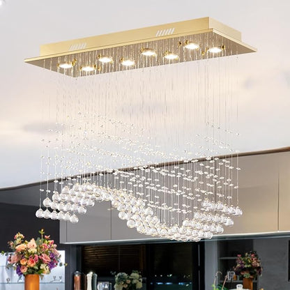 Siljoy Rectangular Gold Crystal Chandelier for Dining Room, 8-Light Modern Wave Raindrop Crystal Chandelier for Living Room Kitchen Island L31.5'' x W11.8'' x H32.2''