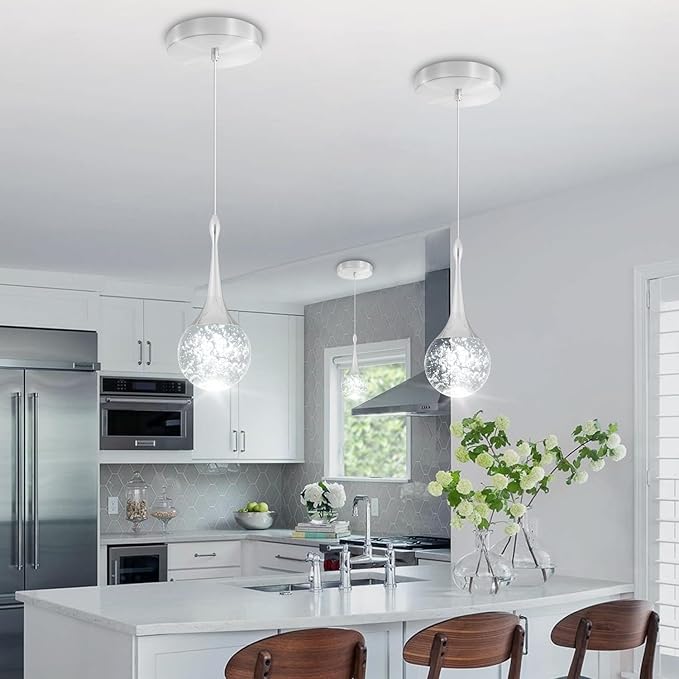 Flashing God Silver 1 Light Teardrop Crystal Pendant Lighting,Integrated Pendant Light with Crystal Bubble for Kitchen Island Globe Fixtures, Chromed Finishe 2700k 4500k 9000k