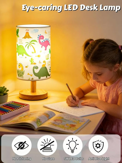 Dinosaur Lamp, Dinosaur Room Decor for Kids Bedroom, 3 Color Dimmable Reading Bedside/Desk Nightlight with Linen Shade and Wood Base for Bedroom Living Room, Practical Gifts for Dino Fans Boys