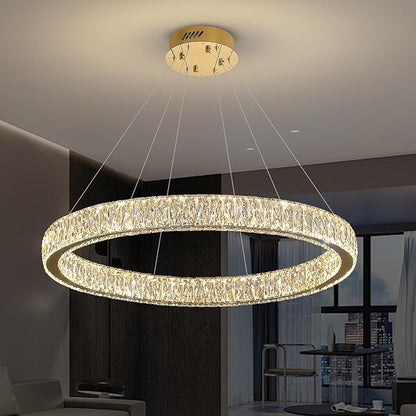 Modern LED Gold Ring Chandelier 31.5" Dimmable Adjustable Crystal Ring Pendant Light for Dining Room Living Room