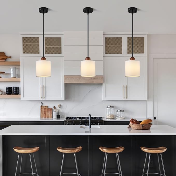 5.9” Drum Pendant Light with White Fabric Shade Modern Hanging Pendant Light Fixture| Adjustable Semi Flush Mount Kitchen Island Dining Room Bedroom Black 1 Pack