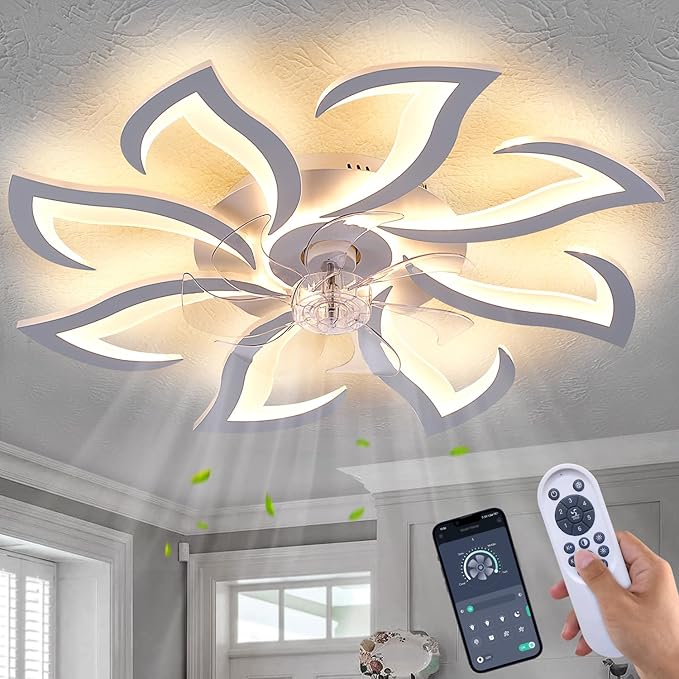32" White Modern 8-Head Geometric Ceiling Fan with Lights Remote Control, Low Profile Ceiling Fan with Light for Kitchen Bedroom Living Room