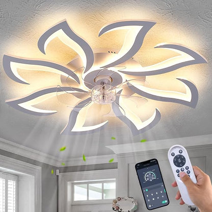 32" White Modern 8-Head Geometric Ceiling Fan with Lights Remote Control, Low Profile Ceiling Fan with Light for Kitchen Bedroom Living Room