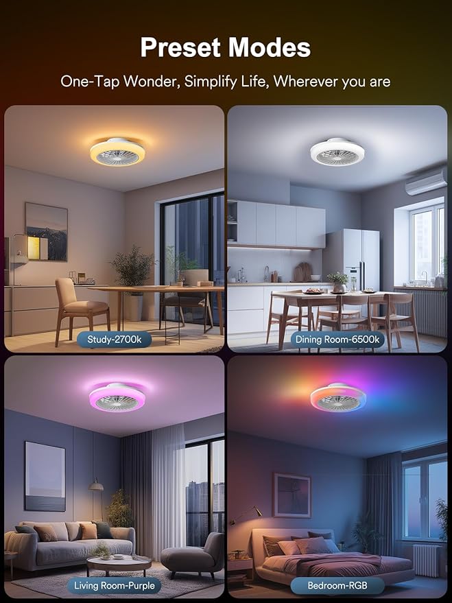 ANGELHALO Bladeless Ceiling Fan with Light,18 Inch Low Profile RGB Ceiling Fan with 2800 Lumens, Flush Mount Small Ceiling Fan for 6 Speed Quiet DC Motor for Kids Bedroom, Remote & App Control