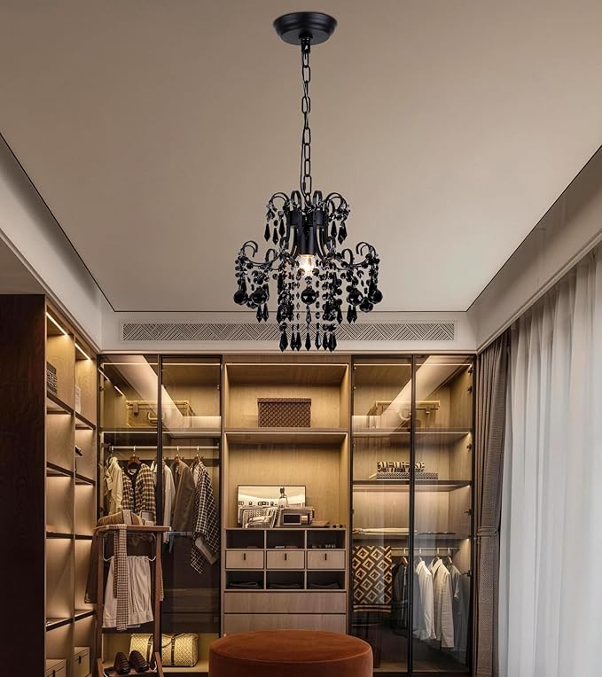 Q&S Mini Crystal Chandelier, Modern Black Small Chandelier 1-Light Crystal Pendant Light Fixture for Princess House Nursery Girls Hallway Entryway Bedroom Foyer Bathroom Kitchen W11.8 UL Listed