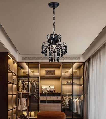 Q&S Mini Crystal Chandelier, Modern Black Small Chandelier 1-Light Crystal Pendant Light Fixture for Princess House Nursery Girls Hallway Entryway Bedroom Foyer Bathroom Kitchen W11.8 UL Listed