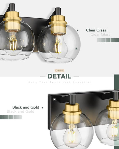 Bathroom Light Fixtures, 6-Light Black and Gold Bathroom Vanity Light, 38 Inch Modern Wall Sconces with Globe Clear Glass Shade, Vanity Lighting Fixtures Over Mirror, VL195-KG-6