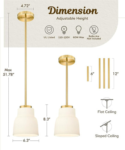 FEMILA 6.7" Kitchen Pendant Lighting Over Island, 3 Pack Brushed Gold Pendant Lighting, Milk Glass Hanging Light Fixtures for Bedroom Hotel Dining Room, 4FYD87MIL-3PK BG