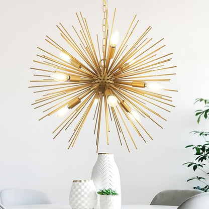 23.8" Modern Sputnik Chandelier 9-Lights Mid-Century Modern Starburst Golden Chandelier Luxury Gold Solid Metal Sputnik Satellite Chandeliers for Dining Room, Kitchen Island, Bedroom, E12