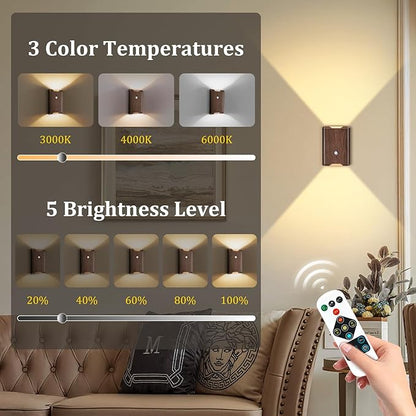 Rechargeable Motion Sensor Wall Light - 3 Colors Battery Powered Wireless Wall Sconces Set of Two with Remote, Magnetic Motion Sensor Stair Lights Indoor Night Light for Bedroom Hallway Closet, Walnut