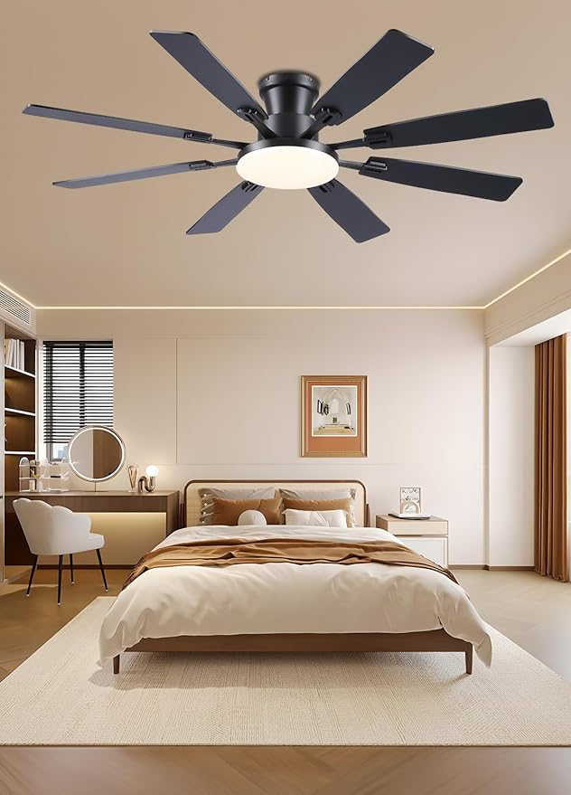 JSAITEE 60Inch Ceiling Fan with Lights and Remotes, Large Low Profile Flush Mount Ceiling Fans,DC Reversible Motor, 3CCT Dimmable,Noiseless,Dual Finish, Black 6 Speeds Ceiling Fan for Indoor/Outdoor