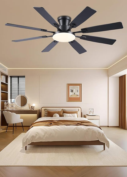 JSAITEE 60Inch Ceiling Fan with Lights and Remotes, Large Low Profile Flush Mount Ceiling Fans,DC Reversible Motor, 3CCT Dimmable,Noiseless,Dual Finish, Black 6 Speeds Ceiling Fan for Indoor/Outdoor