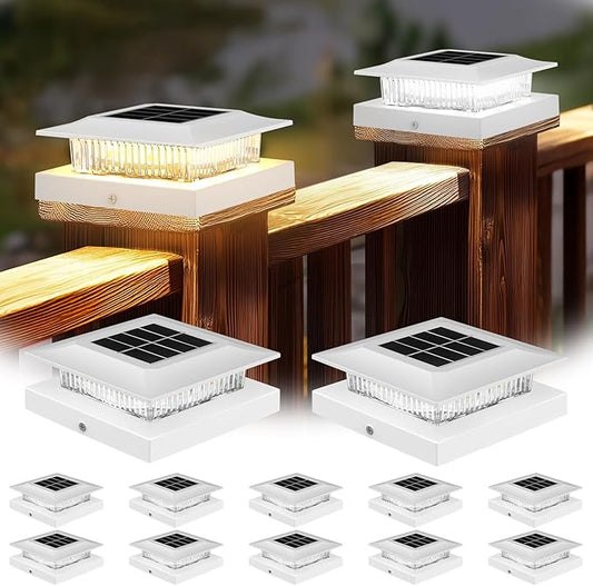 4x4 Solar Post Cap Lights 12 Pack, Fence Post Solar Lights with Warm White/Cool White, Only Fit 3.5"x3.5" Wood Posts & 4"x4" Vinyl Posts, Waterproof Outdoor Deck Post Light for Deck, Fence(White)