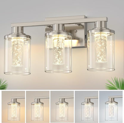 DORESshop 3-Light Brushed Nickel Bathroom Light Fixtures, Crystal LED Bathroom Lights Dimmable Light with Clear Glass Shade,Vanity Lights for Living Room 5CCT