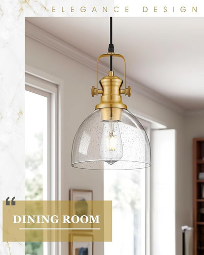 Pendant Lights Kitchen Island 2 Pack, 7.5" Farmhouse Pendant Lighting with Clear Seeded Glass Shade, Vintage Hanging Light Fixtures for Dining Room, Brushed Gold, AD-22151-1P2-GD