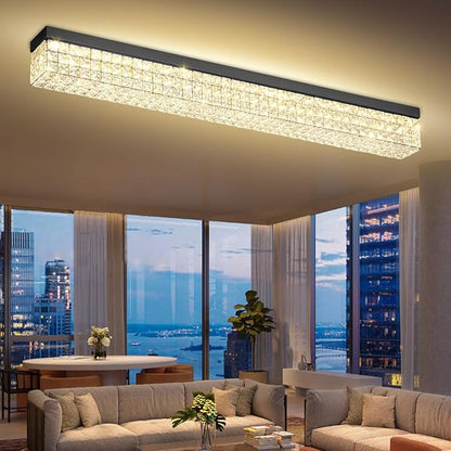 ykolupty L48 Rectangle Ceiling Chandelier Rectangular Crystal Flush Mount Light Modern K9 Crystal Chandeliers Light Fixture for Living Room Dining Room Bedroom Black