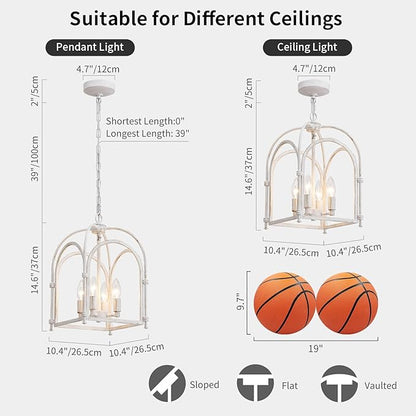 4-Light Chandeliers, Farmhouse White Chandelier for Dining Room Light Fixtures, Lantern Metal Kitchen Pendant Light Fixtures, Rustic Cage Chandelier for Bedroom Living Room Kitchen Island Hallway