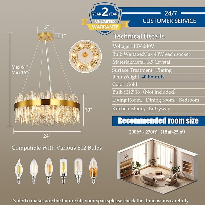 Weesalife 16 Light Gold Crystal Chandelier | Dia 24" Modern Round Crystal Chandeliers for Dining Room | Luxury Ceiling Light Fixture for Living Room | Bedroom | Entryway | Kitchen Island | Foyer