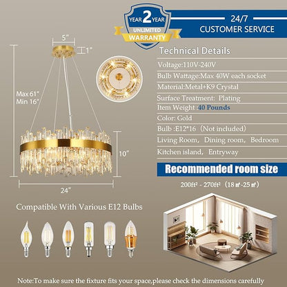 Weesalife 16 Light Gold Crystal Chandelier | Dia 24" Modern Round Crystal Chandeliers for Dining Room | Luxury Ceiling Light Fixture for Living Room | Bedroom | Entryway | Kitchen Island | Foyer
