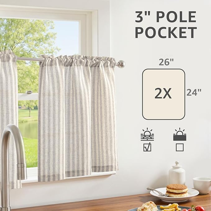 jinchan Striped Linen Kitchen Curtains 24 Inches Tier Curtains Farmhouse Modern Cafe Style Small Window Treatments Airy Light Filtering Rod Pocket for Living Room Bathroom 2 Panels Taupe Grey