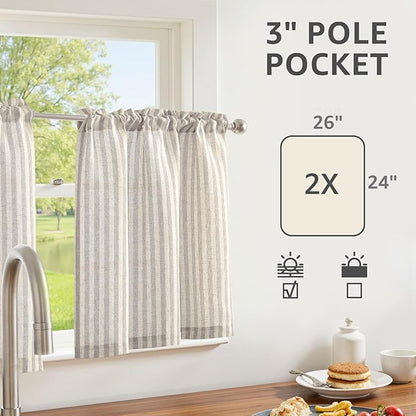 jinchan Striped Linen Kitchen Curtains 24 Inches Tier Curtains Farmhouse Modern Cafe Style Small Window Treatments Airy Light Filtering Rod Pocket for Living Room Bathroom 2 Panels Taupe Grey