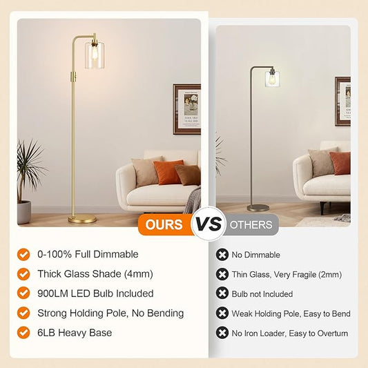 【Upgraded】Dimmable Gold Floor Lamp for Living Room with Clear Glass Lampshade, Glass Modern Floor Lamp with 900LM Edison Bulb Included, Standing Tall Lamp for Bedroom, Office, Reading Room, Corner