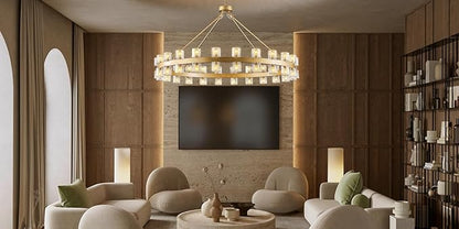 48 Inch Gold Wagon Wheel Chandelier with Crystal Shade, 48 Lights, Modern Farmhouse Style, Ideal for Dining Room, Kitchen, Entryways